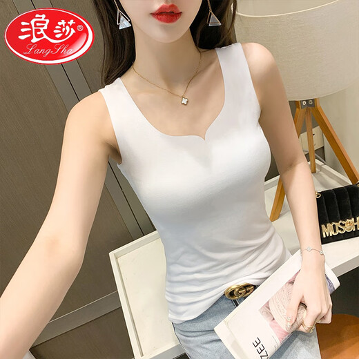 LangSha (LangSha) V-neck pure cotton black and white vest suspender women's large size seamless slim fit autumn and winter inner and outer bottoming shirt white heart collar combed cotton M