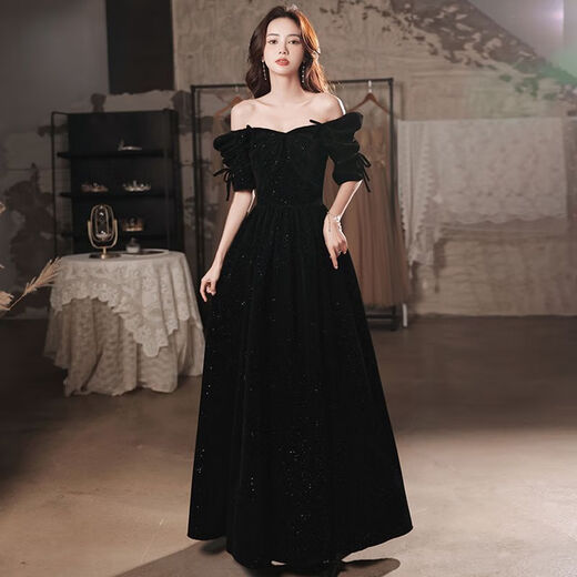 Gangdan black evening dress banquet evening dress 2024 new style elegant and slim annual meeting niche high-end dress dress black long XL