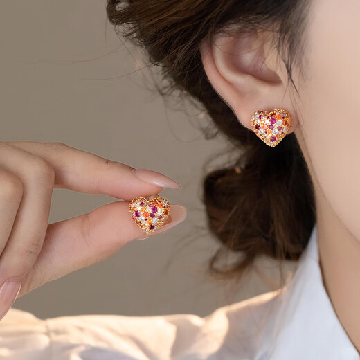 DL 1998 Fat Donglai same style gemstone earrings colorful treasure temperament purple red colorful love zircon for women small exquisite fashion small exquisite full diamond love earrings / 925 silver needle pair