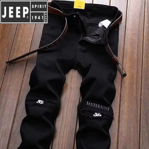 Jeep Spirit Jeep Jeep Herren neue High Street Trend Marke High-End-Herrenhosen Patch Herrenhosen Schwarze Schlanke Füße Hosen Schwarz G833 Modell 32