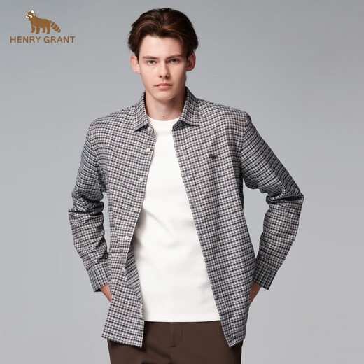 HENRY GRANT Henry Grant men's embroidered men's outdoor plaid shirt autumn and winter top long-sleeved houndstooth short blue (QSC244150U211) 44 (165/84A)