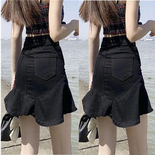 姿伟祺鱼尾裙半身裙女夏季2025新款仿牛仔高腰字休闲短裙 黑色967裙子 S 建议80-94斤