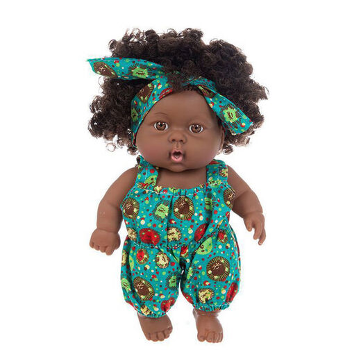 Shantou Lincun African black doll cute doll comfort baby sleeping doll vinyl reborn fake doll children's toy girl Q8-004C blue and green picture overalls 20m