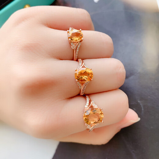 Yan's sterling silver inlaid natural citrine ring for women with adjustable buckle, fashionable, sweet, Japanese and Korean yellow gemstones with certificate 6 8 (rose gold)