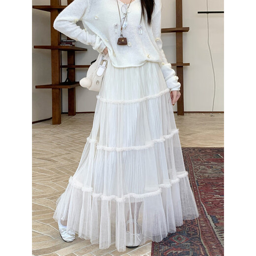 Black mesh skirt for women 2025 autumn new thickened front and back high waist a-line skirt autumn and winter pleated skirt long skirt black one size fits all lined