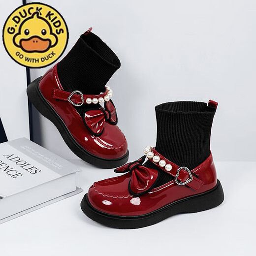 G.duck Little Yellow Duck Girls' Shoes Small Leather Shoes 2025 Children's Short Boots Princess Martin Boots Autumn and Winter Little Girls Black Boots HDL-Red 818 (Single Shoe) Size 31 Inner Length 19.3cm