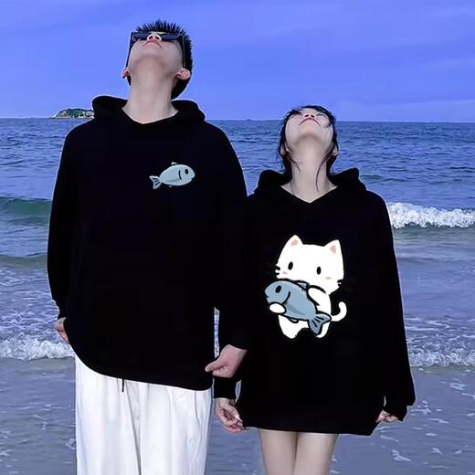 MDlila <Two-piece> Couple's Sweatshirt Autumn and Winter Suit Red One Man and One Woman Loose Hooded Jacket Fish-Eating Cat Male Black + Female Black (Spring and Autumn Style) XL Male + Female M