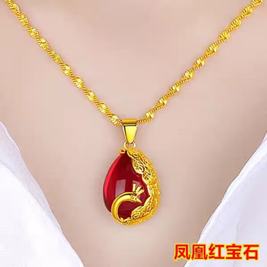 Hong Kong genuine real gold necklace for women 9999 pendant 24 pure sand gold love long lasting rose water drop phoenix ruby necklace 8g