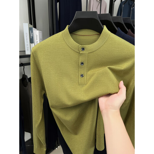 ROMON high-end men's Henry collar button-down sweater with wool long-sleeved bottoming shirt solid color versatile sweater spring and autumn Pearl Apricot M