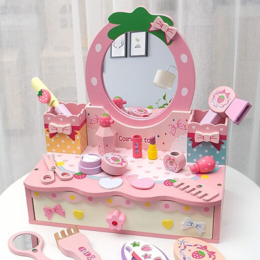 玩度儿童玩具化妆品套装化妆桌首饰盒小女孩公主3-6岁过家家生日礼物 化妆+美发玫红梳妆台