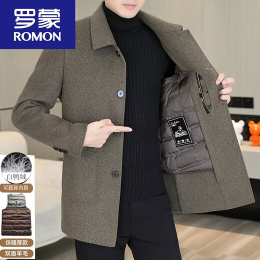 ROMON woolen coat men's mid-length double-sided woolen down lining coat autumn and winter thickened stand-up collar windproof coat M 95-115Jin Jin equals 0.5 kg M HYX-N24628 black stand-up collar wool double-sided woolen coat available