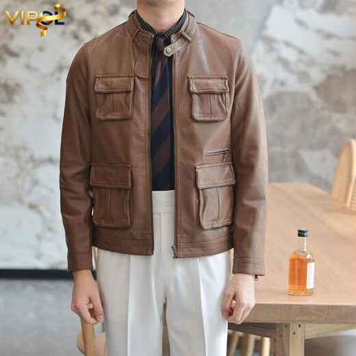 VIPOL Autumn and Winter New British Retro Hunting Stand Collar PU Leather Jacket Men's Korean Style Light Luxury Slim Workwear Leather Jacket Black XL
