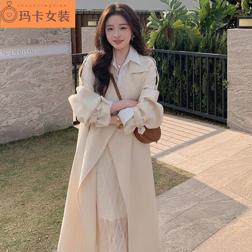 NJTD夏诗文 凯特风衣 外套女中长款春秋复古英伦风系带西装瓴大衣宽松 米白色 M 100-115斤