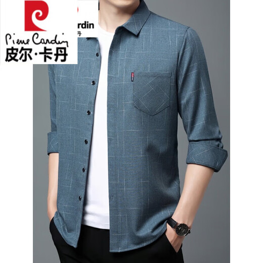Pierre Cardin High-End Pure Cotton No-Iron Langarmed Plaid-Hemd für Männer Frühlings- und Herbststil echtes Taschenmännchen im mittleren Alter Lose großer Hemd für Männer Langarm 6626 Grün 175/XL Größe [130-155jin [Jin gleich 0,5 kg]]