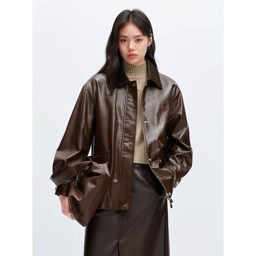 Peacebird Women's Short Jacket Oil Wax Pattern PU Leather Jacket Women's Winter Fashion Leather Jacket Women Brown M