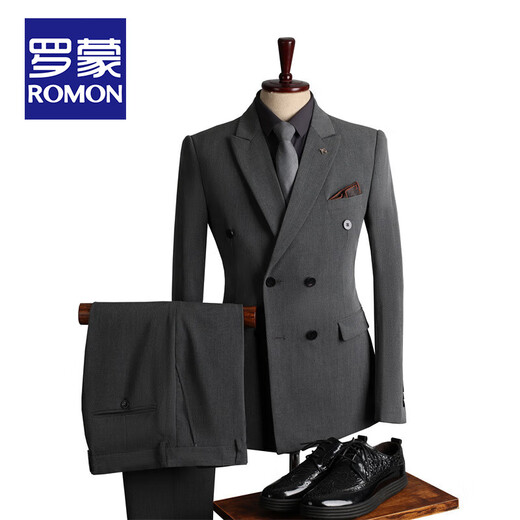 ROMON suit men's British style double-breasted business casual suit three-piece suit groom wedding dress small suit men black three-piece suit (suit+vest+trousers) 50/L size free brooch+pocket square