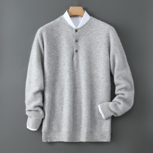 SATCHI twelve-needle double-strand Australian wool cardigan autumn and winter men's Henley collar sweater short loose sweater jacket light gray S