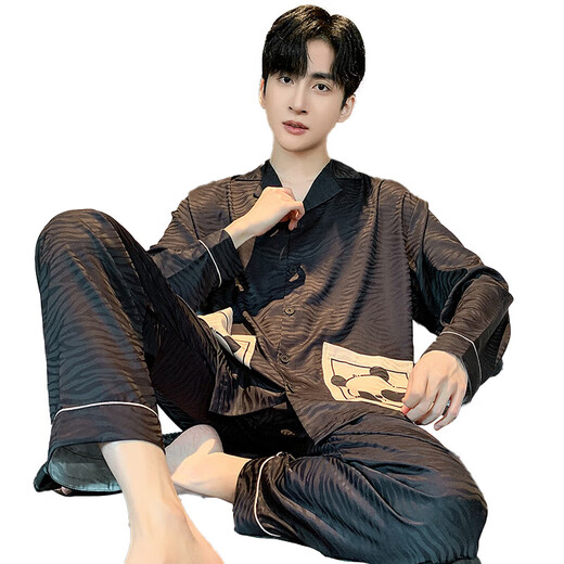 
Lanmiao LAMIU men's pajamas ice silk long sleeves 2024 new spring and autumn high-end imitation silk youth home clothing set high-quality ice silk 844 XL size height about 175 weight 130-150 Jin [Jin equals 0.5 kg]