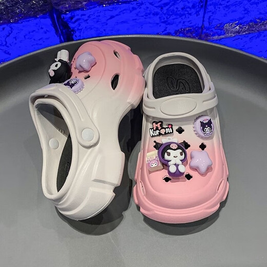 Xianzheyi Children's Slippers Girls Gradient Croc Shoes Summer Style 2024 Kuromi Girls Beach Baotou Sandals Anti-Slip Parent-child Upgraded White Pink 32-33 Inner Length 20