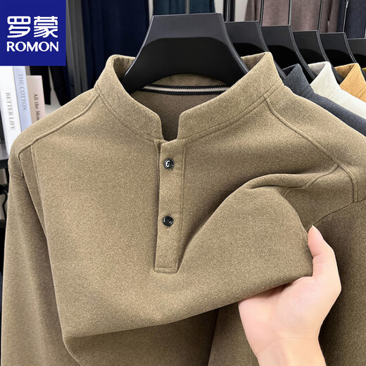 ROMON autumn and winter men's double-sided velvet brushed long-sleeved T-shirt for middle-aged and young people, half turtleneck button-down thermal sweatshirt with base layer beige color XL Recommended 130-150 Jin Jin equals 0.5 kg