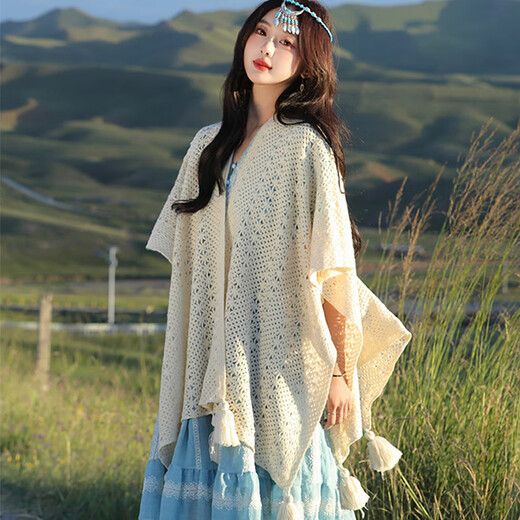 Oein Yunnan ethnic style shawl women's outer wear 2024 scarf women's northwest travel grassland wear shawl shawl blanket QC beige hollow flower tassel shawl