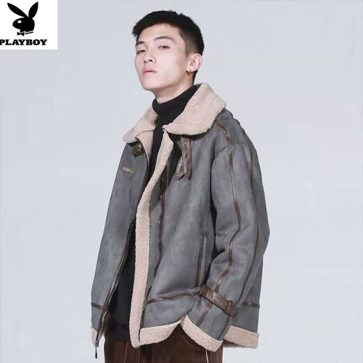 Playboy (PLAYBOY) fur integrated lamb wool men's winter wear trendy brand suede jacket thickened chic retro couple motorcycle cotton jacket gray 3XL recommended 160-180Jin Jin equals 0.5 kg