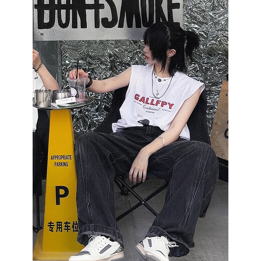 POUM美式高街坎肩背心男夏季字母印花重磅无袖t恤宽松纯棉hiphop上衣 YSXS-B1105白色 L