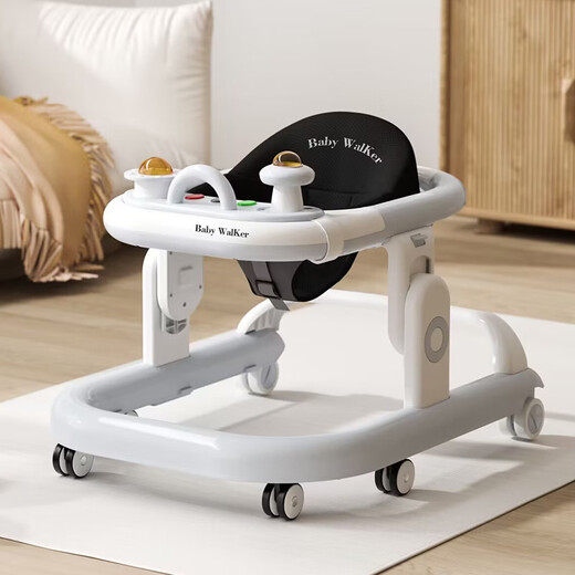 Habik walker O-leg baby multi-function hand pushing anti-rolling baby can sit or push driving to start the walker. Upgraded version - gray [music box toys + dining plate]