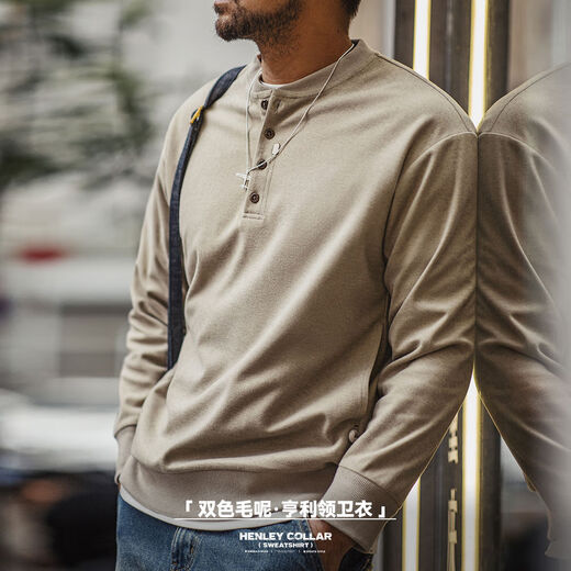 Madden workwear American retro Henry collar woolen sweatshirt half-breasted casual sports long-sleeved bottoming shirt for men in autumn oatmeal color S S