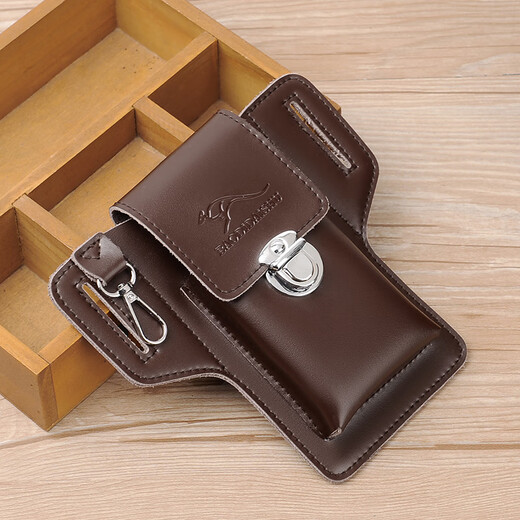 Kangaroo leather mobile phone bag for men, first-layer cowhide shoulder bag, multi-functional belt waist bag, construction site work bag, brown large size without strap, mobile phone with screen below 7 inches