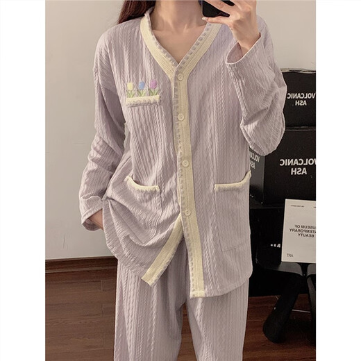 Dreaming Pajama de flores de Taro Purple para niñas Algodón puro con almohadillas de pechuga en primavera y otoño Nuevo pantalones de manga larga Juego de ropa en el hogar 9926#Tres flores-púrpura M