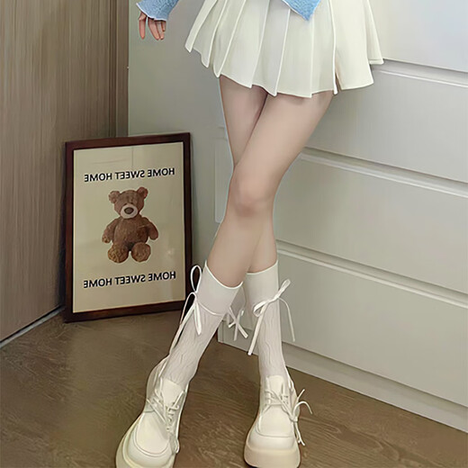 Magic fog Japanese jk white lace Mary Jane hollow socks women's mid-calf ballet style ribbon lolita strap calf socks a51 ribbon calf socks-white one size