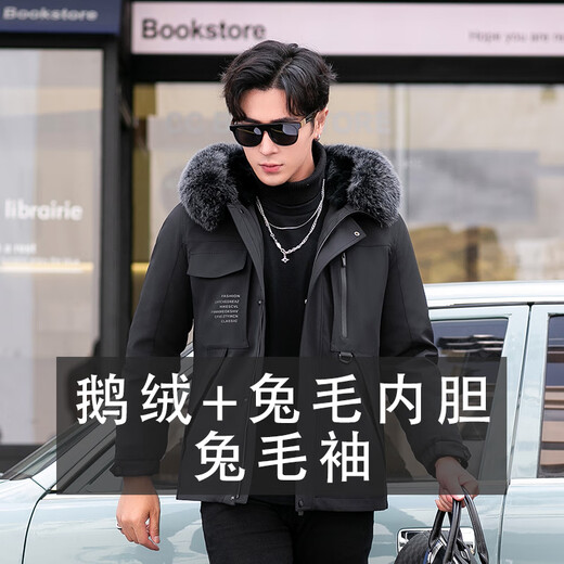卡搭新款派克服男獭兔毛鹅绒内胆羽绒服皮毛一体皮草大衣连帽时尚外套 蓝灰色 鹅绒+獭兔毛+兔毛袖 M 165