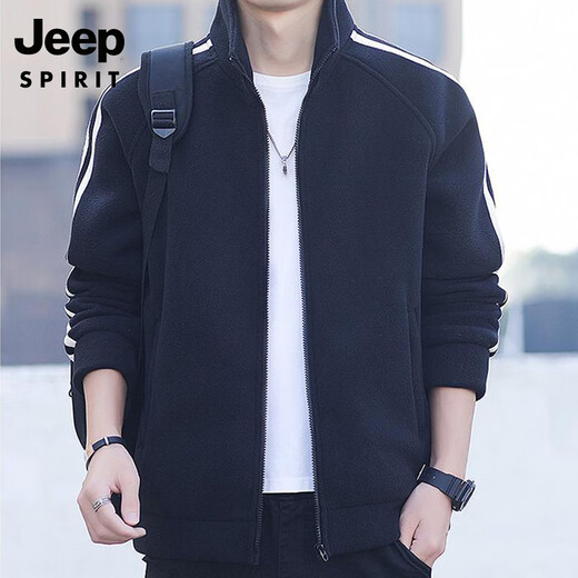 JEEP SPIRIT Jeep Men's Cardigan Sweatshirt Plus Velvet Thickened Striped Stand Collar Polar Fleece Autumn and Winter Jacket Warm Casual Jacket 8868 Military Green Regular Style L (Recommended 120-140 Jin Jin equals 0.5 kg)