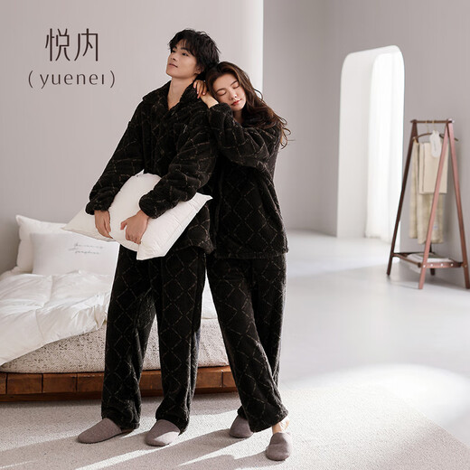 Yuenei Couple Pajamas Women's Autumn and Winter Coral Fleece Thickened Flannel Home Clothes Men's Black Suit 34109 Black Brown Men's 2XL (Male 160-180 Jin Jin equals 0.5 kg / Female 140-160 Jin Jin equals 0.5 kg)