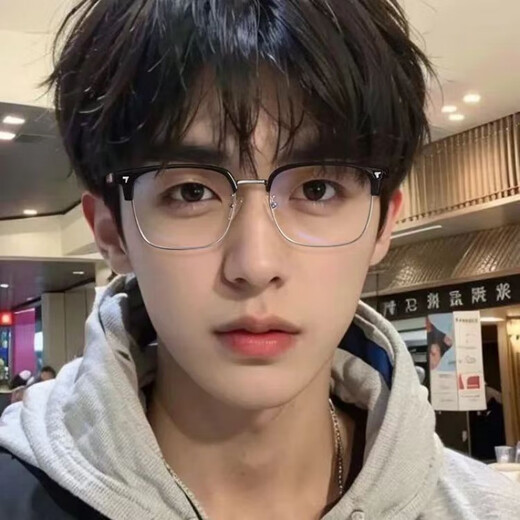 Jingzhu Pi handsome and gentle half-frame myopia glasses science and engineering male student anti-blue black warrior large frame flat light mirror can be matched with degrees Frosted black 0-degree anti-blue flat light mirror
