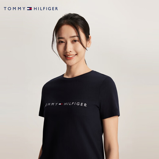 TOMMY HILFIGER夏季女装纯棉休闲通勤刺绣轻薄打底纯色圆领短袖T恤76J4880 藏青色FAP XL （推荐：130-150斤）