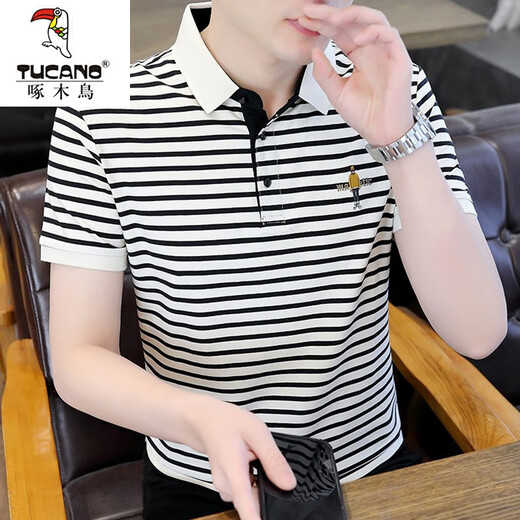Woodpecker (TUCANO) men's striped POLO Paul shirt short-sleeved T-shirt for men in summer. Cotton half-sleeved new high-end embroidered top for men Y6626 gray XL [1020-135]Jin[Jin equals 0.5 kg]