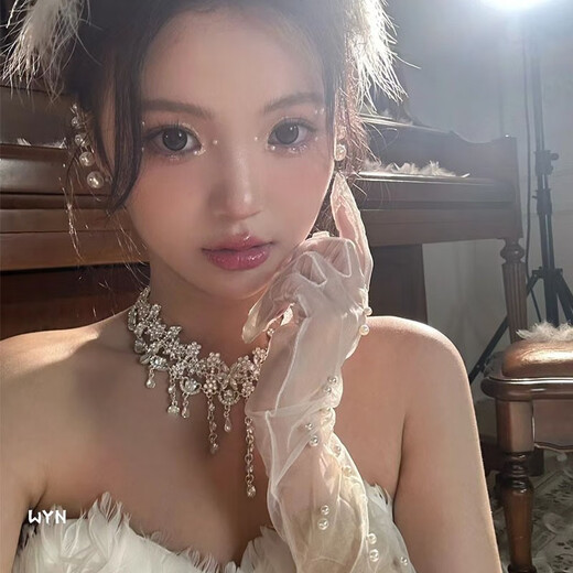 WSAY胖东来品质婚纱项链配饰新款新娘锆石水钻耳环饰品结婚套链礼服韩 项链+耳环套装(耳夹) L
