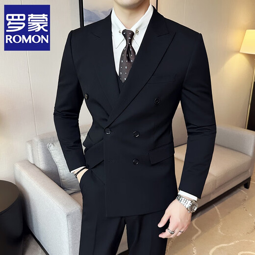 ROMON double-breasted gun lapel suit men's suit slim casual Korean style business formal men's wedding three-piece suit 338 black double-breasted suit + trousers XL