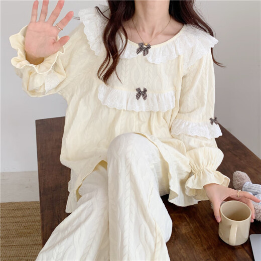 TULX睡衣女宫廷风秋季女款甜美小个子2023新款棉长袖家居服春秋款 杏色6210#【33Y】 2XL 130-145斤