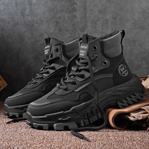 Zhenxi Martin Boots Herren Sommer dicker alleinerhöhenhöhe britischer High-Top-Arbeitsstiefel im Freien im Außenberufung von Anti-Slip-Wege-resistenten Arbeitsschuhen Schwarze Höhe von etwa 5 cm [Größe 42]