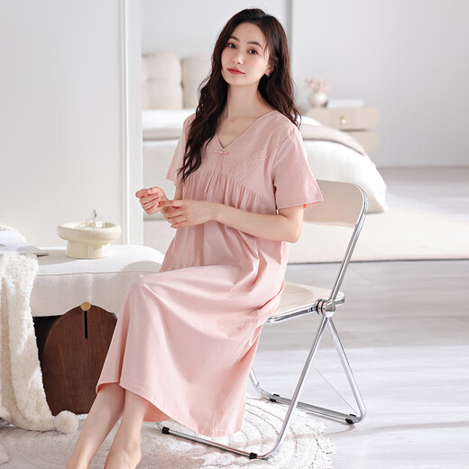 浪莎（LangSha）睡裙女夏季纯棉薄款短袖带胸垫家居服女士甜美公主风可外穿连衣裙 701柔粉（带胸垫） L【160-165cm/110-125斤】
