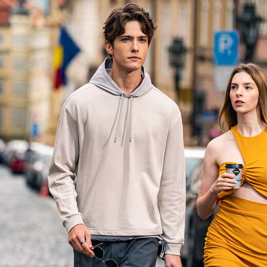 Mr. Bu Bu’s thin base sweatshirt men’s top spring and autumn new contrasting color splicing hooded long sleeves KT15690 clearance oat grey L (175)
