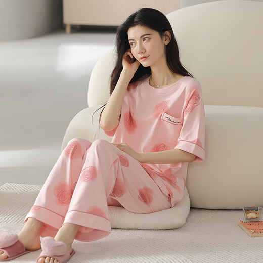 红豆官网织睡衣女夏季纯棉短袖长裤薄款全棉夏天女士家居服套装春秋季 YZT9712主图款 短袖长裤 L 100-120斤