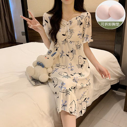 梦动韩版甜美可爱小熊棉纱麻睡裙女款2024新款夏季天短袖睡衣裙家居服 QS裙#9871（带胸垫） L 推荐100-115斤穿