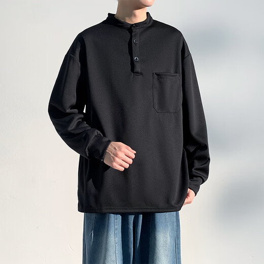 Homlean American retro long-sleeved T-shirt men's autumn Henry collar loose casual sweatshirt bottoming shirt HM07 black 2XL