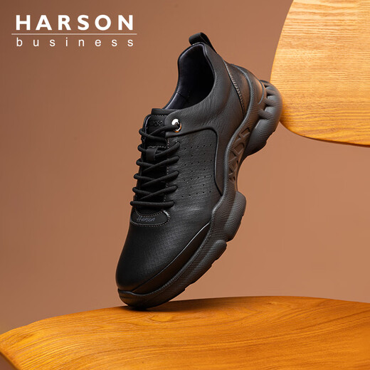 Harson first-layer calfskin men's shoes autumn and winter sports leather shoes thick-soled business casual shoes genuine leather commuter high-end walking shoes black four seasons 41 (255mm)