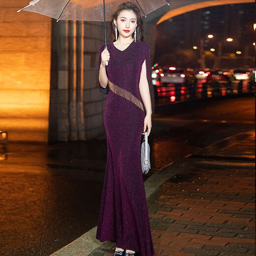 NUKM高端晚礼服女时尚网红新款蓝色长款名媛气质端庄年会鱼尾主持人裙 蓝色【9955】长款140CM XL 120-135