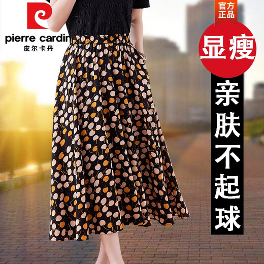 Pierre Cardin Beige Chiffon Rock für Frauen 2025 Neue Frühsommer kleine Mutter I Mama plissierte Sommer dünne Blumenrock schwarz 9905 Taschen, damit Sie schlank und atmungsaktiv aussehen.